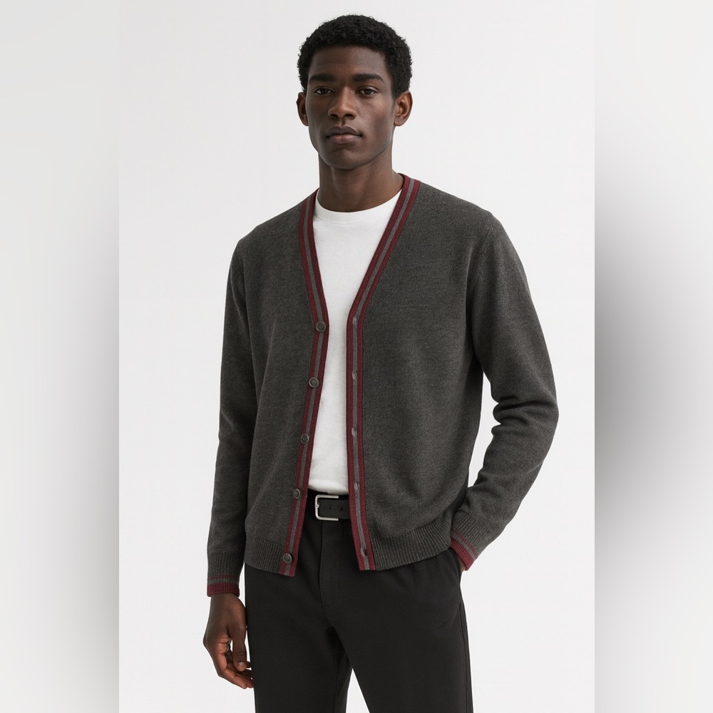 [xl] SOLITUDE Cardigan Wool men’s button down classic Grey with Burgundy Trim